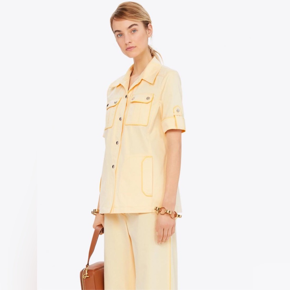 Tory Burch cotton twill safari shirt short sleeve iced lemon